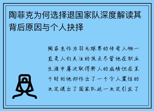 陶菲克为何选择退国家队深度解读其背后原因与个人抉择