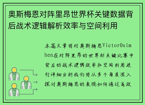 奥斯梅恩对阵里昂世界杯关键数据背后战术逻辑解析效率与空间利用