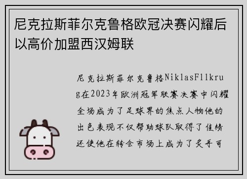 尼克拉斯菲尔克鲁格欧冠决赛闪耀后以高价加盟西汉姆联